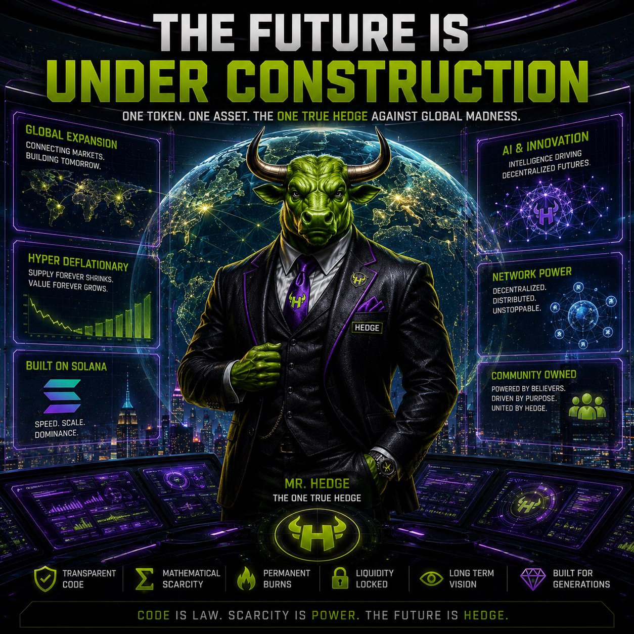 $HEDGE artwork showing Mr. Hedge in a futuristic control room beneath the headline The Future Is Under Construction.