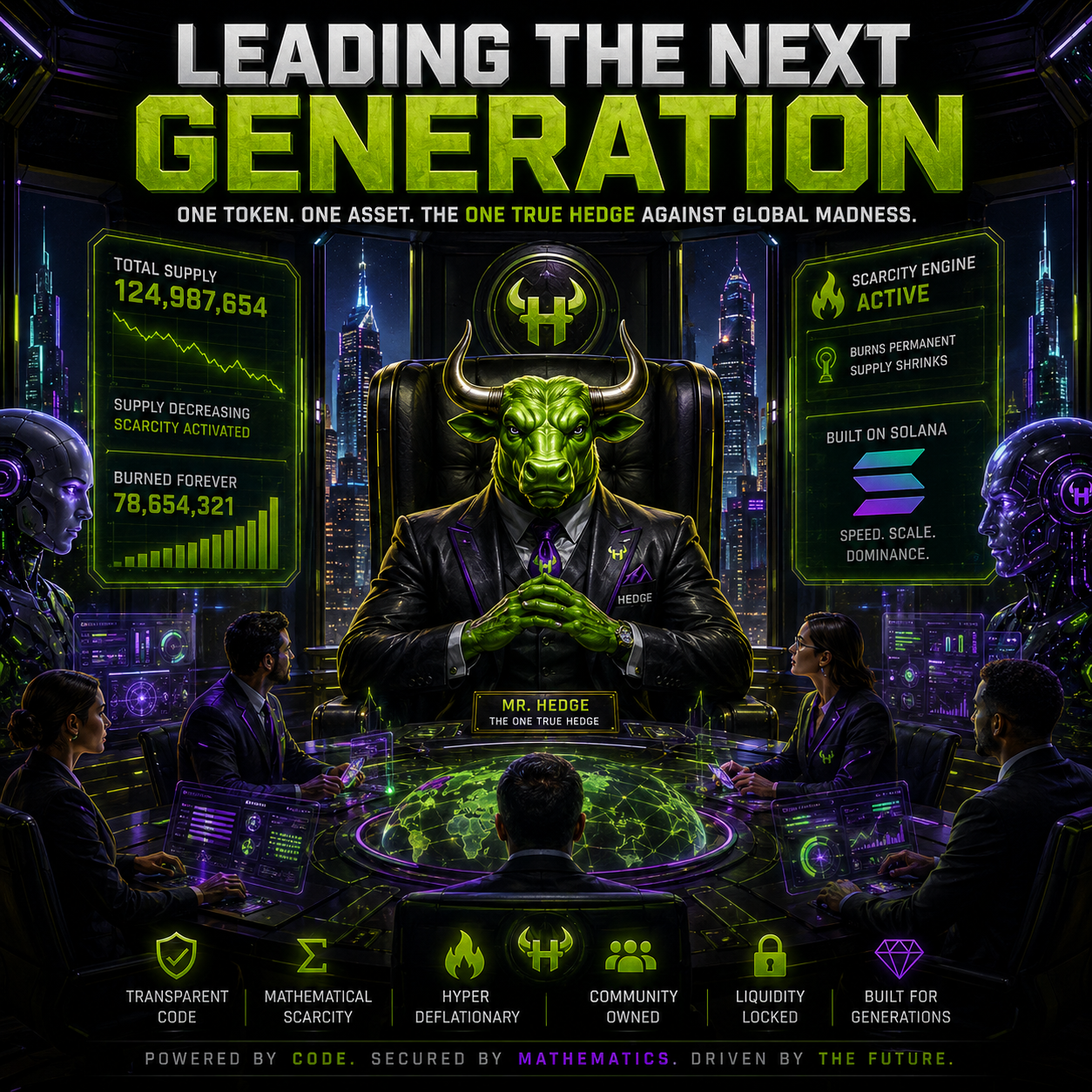 $HEDGE artwork showing Mr. Hedge leading a futuristic boardroom beneath the headline Leading the Next Generation.