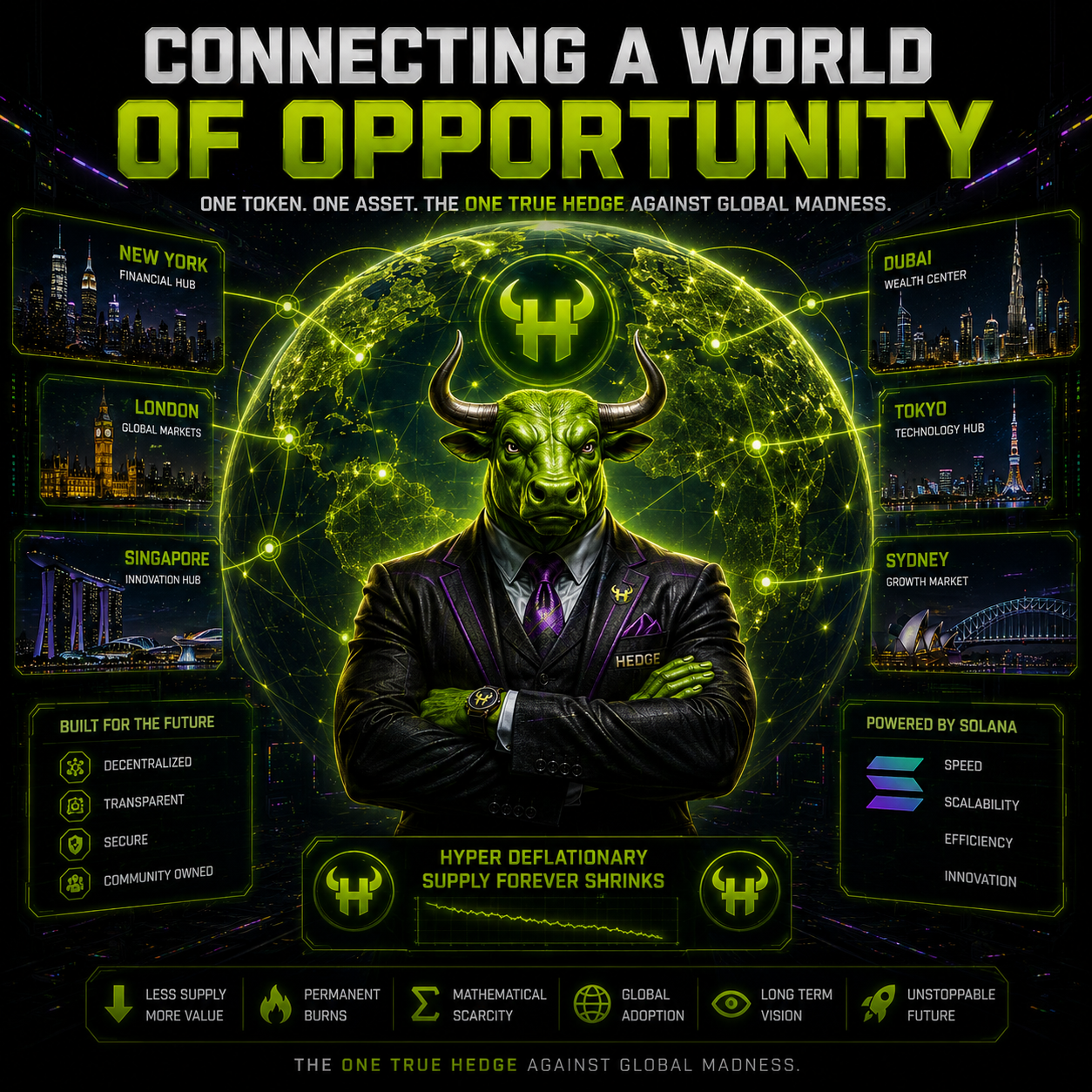 $HEDGE artwork showing Mr. Hedge centered in front of a connected global network beneath the headline Connecting a World of Opportunity.