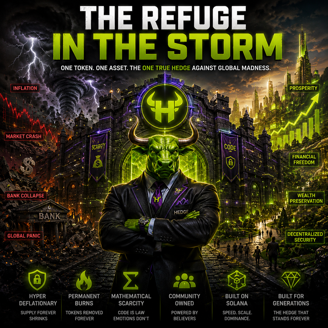 $HEDGE artwork showing Mr. Hedge as a refuge between chaos and prosperity beneath the headline The Refuge in the Storm.