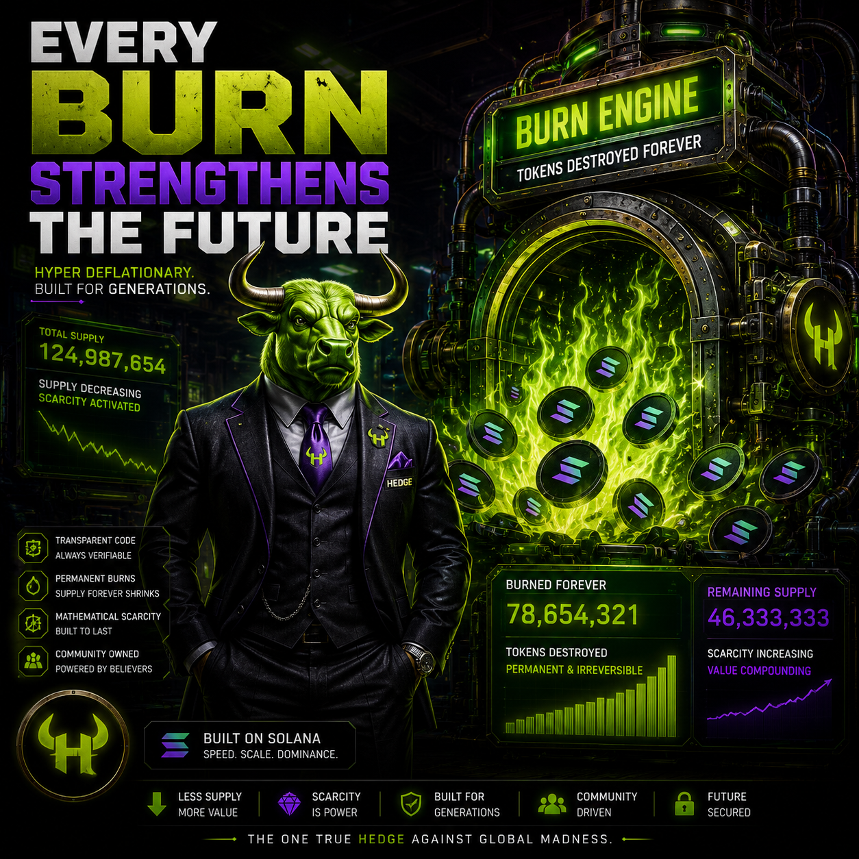 $HEDGE artwork showing Mr. Hedge beside a burn engine beneath the headline Every Burn Strengthens the Future.